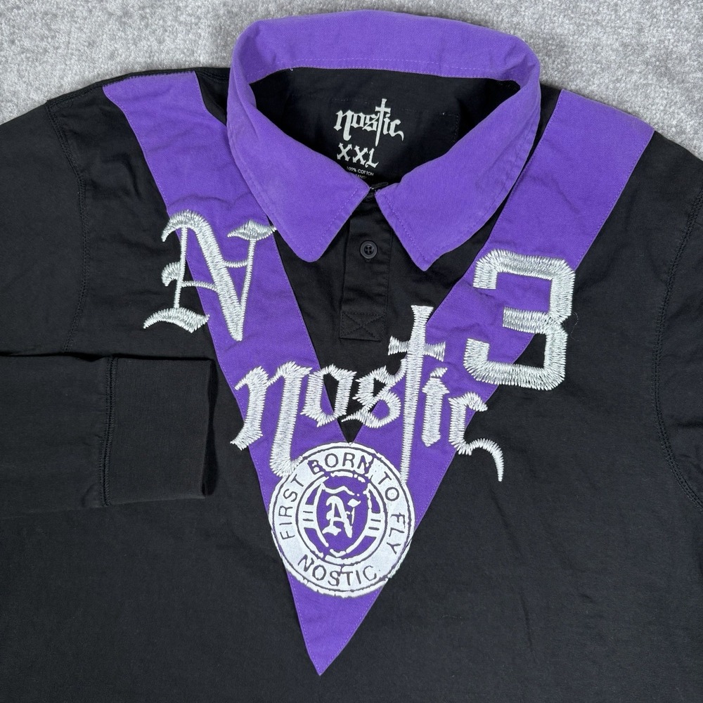 Nostic Polo‎ Shirt Men's XXL Black Purple Long Sleeve Embroidered Truth Justice